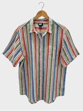 Lands End Linen Stripe Button Up Shirt Multicolor Short Sleeve Coastal L